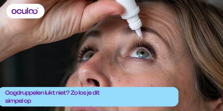 Vrouw die zelfstandig oogdruppels in haar oog toedient