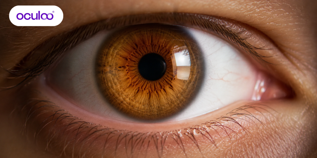Close-up van oog bij zelfstandig oogdruppelen